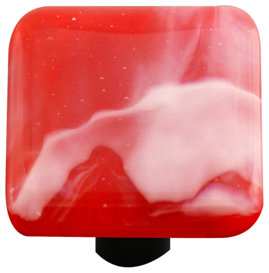 Square Glass Swirl Knob, White Swirl Brick Red