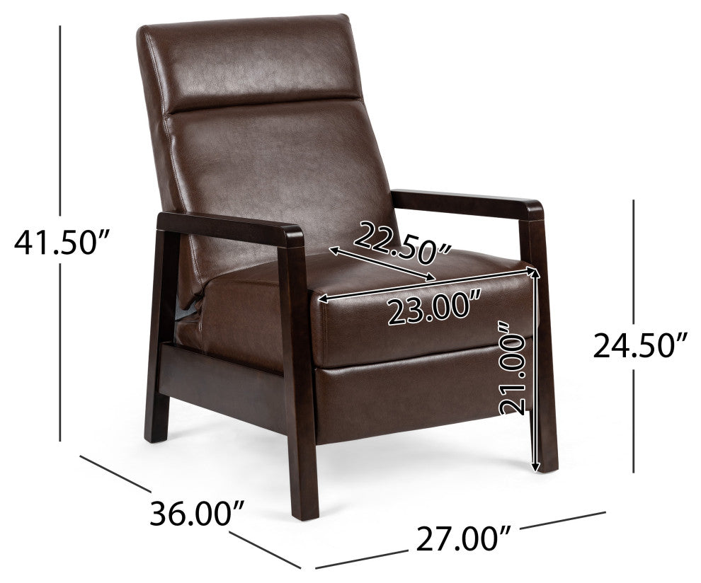 Miramichie Mid Century Modern Faux Leather Recliner, Dark Brown/Dark Espresso