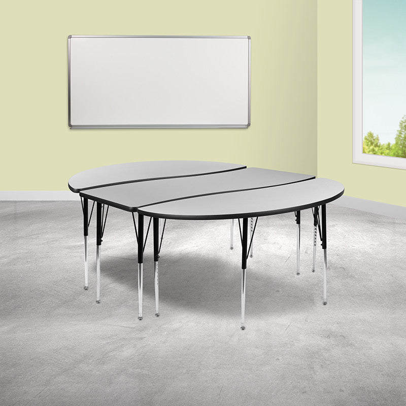 3 Piece 86" Oval Wave Activity Table Set - Standard Height Adj. Legs, Grey