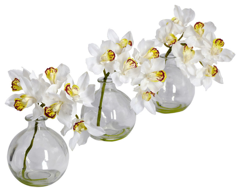 Cymbidium With Vase Silk Flower Arrangement, Set of 3
