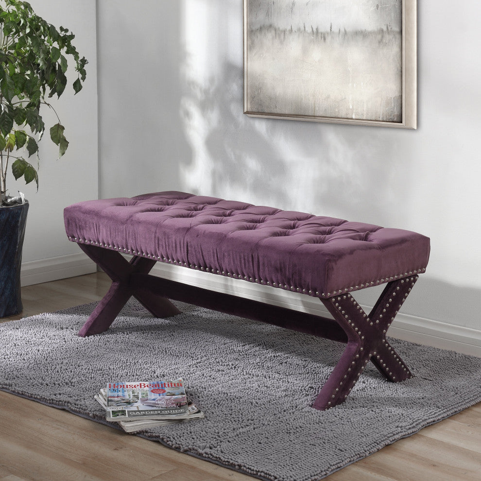 Diana Velvet Button Tufted Silver Nailhead Trim X-Leg Bench, Plum