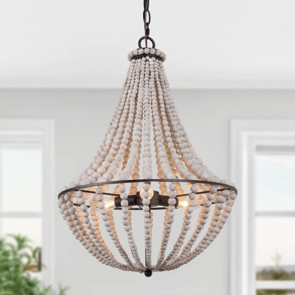 3-Light Distressed White and Matte Black Bohemian/Global Beaded LED Chandelier