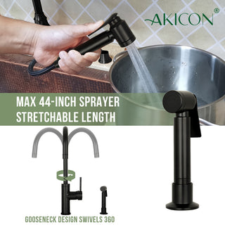 Akicon One-Handle Copper Widespread Kitchen Faucet, Side Sprayer, Matte Black