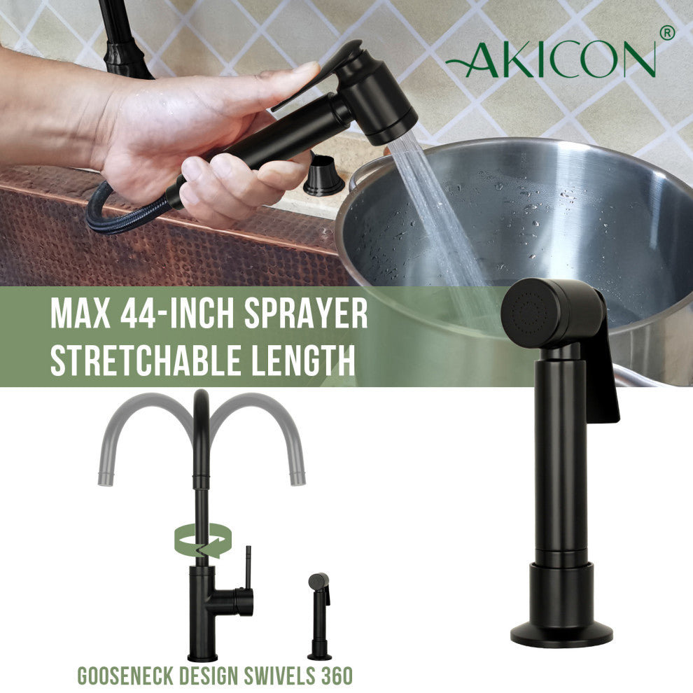 Akicon One-Handle Copper Widespread Kitchen Faucet, Side Sprayer, Matte Black