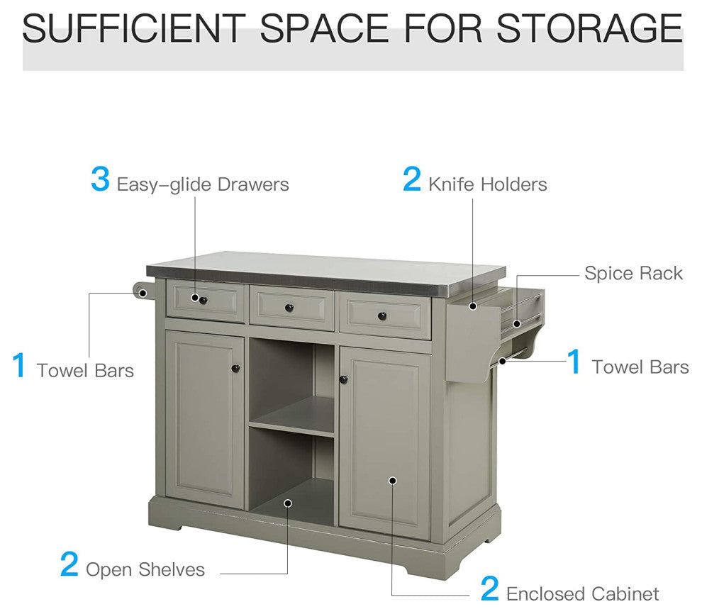 Rolling Kitchen Island with Stainless Steel Top