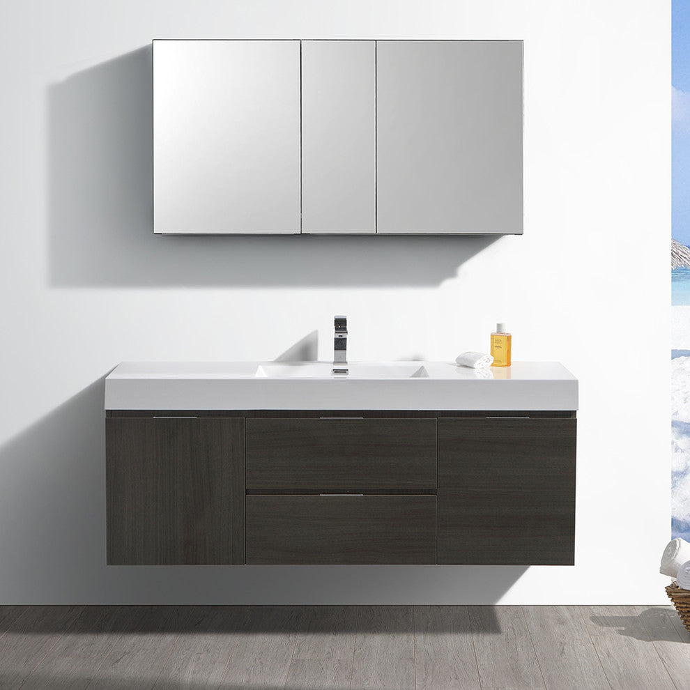 Valencia 60" Gray Oak Wall Hung Bathroom Vanity Set, Cabinet, Faucet FFT3071CH