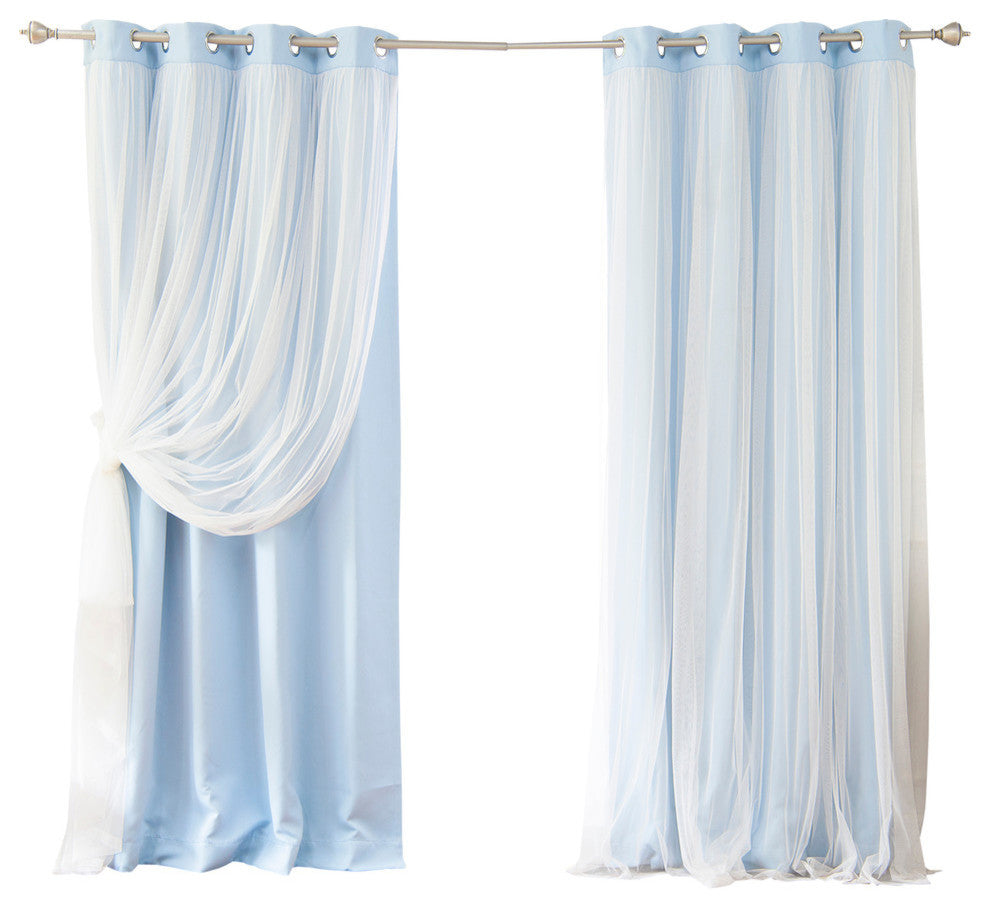 Grommet Blackout Curtains With Tulle Overlay, Skyblue, 108"