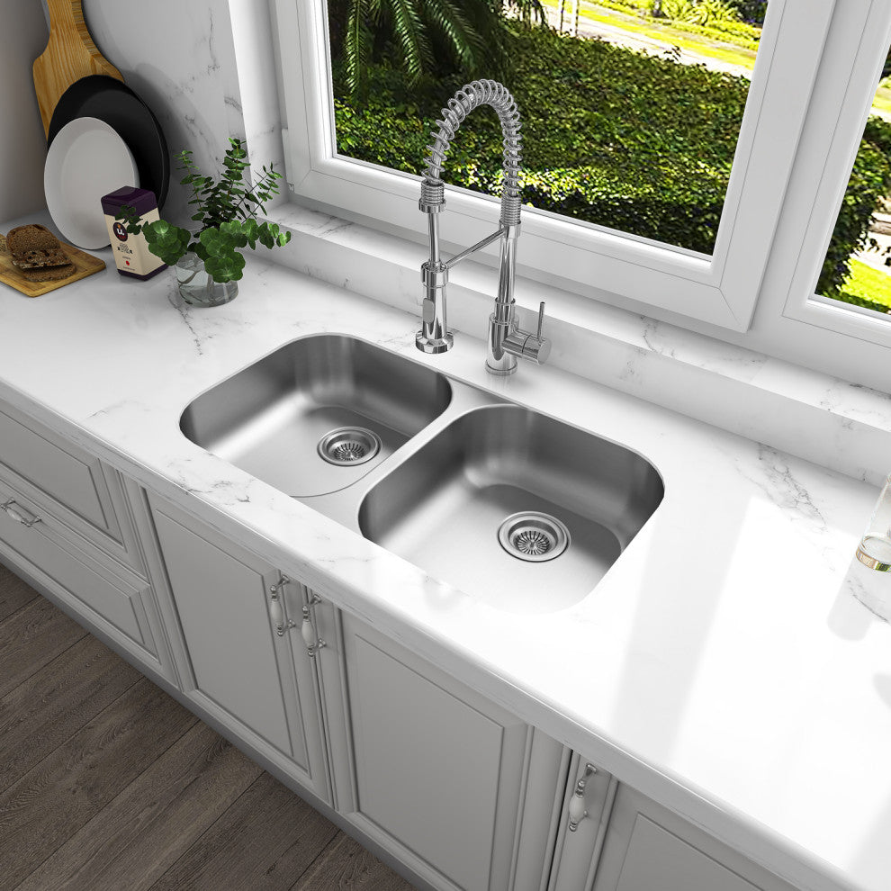 Sinber 32" Undermount Double Bowl 304 Stainless Steel Kitchen Sink