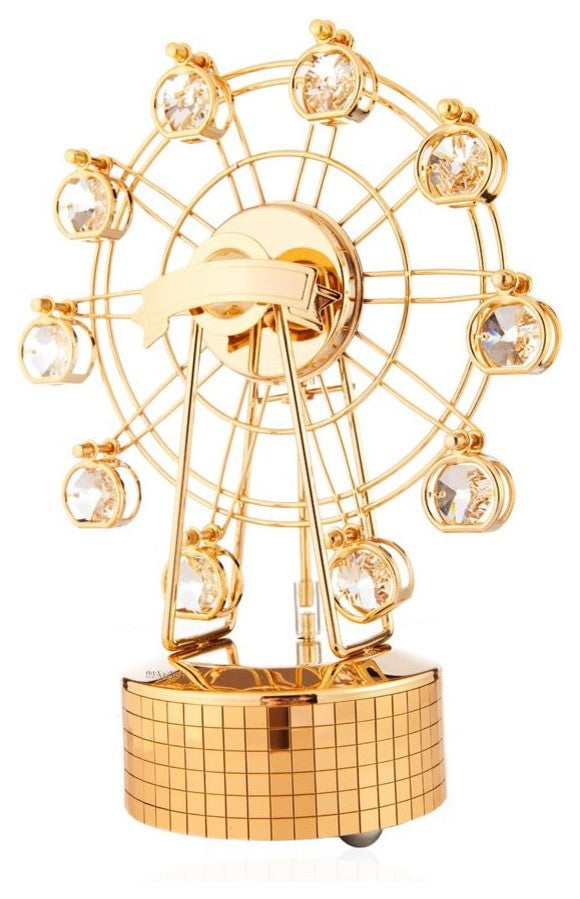 24K Gold Plated Music Box With Crystal Studded Ferris Wheel Figurine