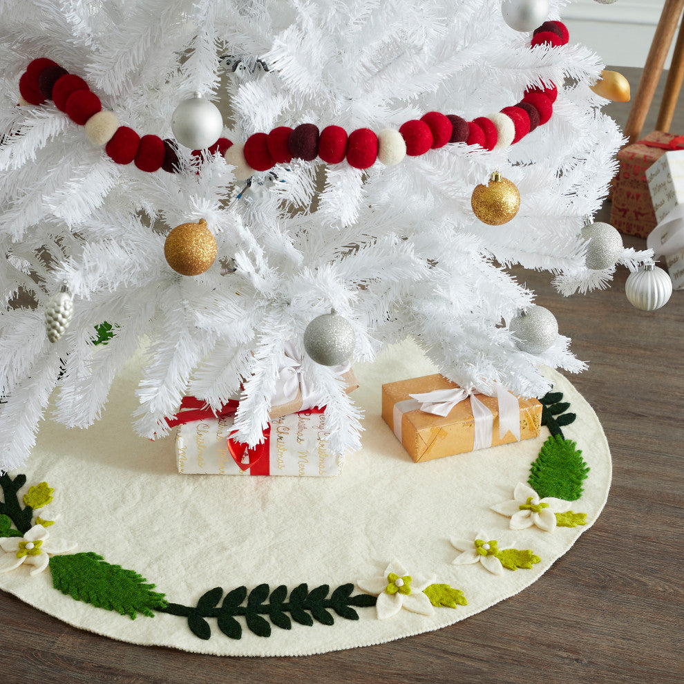 Handmade Christmas Tree Skirt, Felt Greenery on Cream
