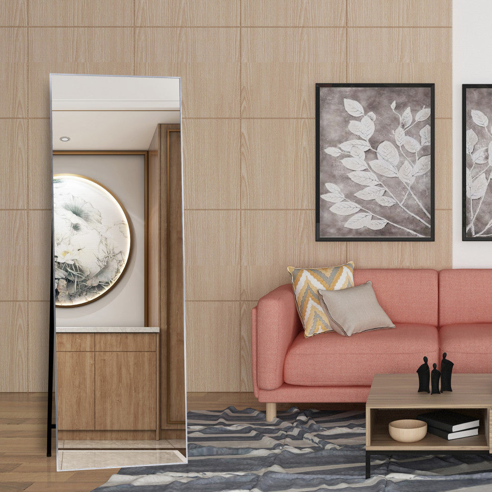 65 inch Rectangular Aluminum Framed Floor Wall Hanging Bedroom Mirror, Silver, 2