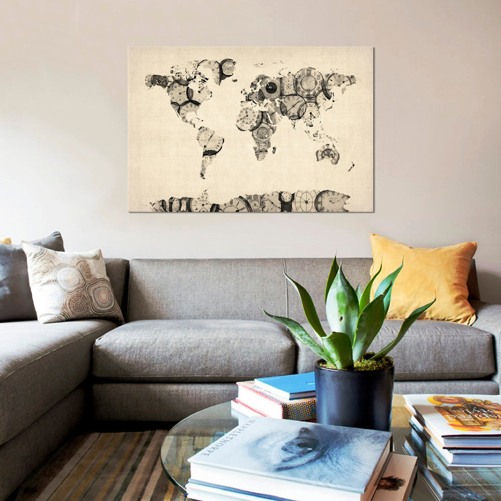 "Map of the World Map from Old Clocks" by Michael Tompsett, Canvas Print, 18x12"
