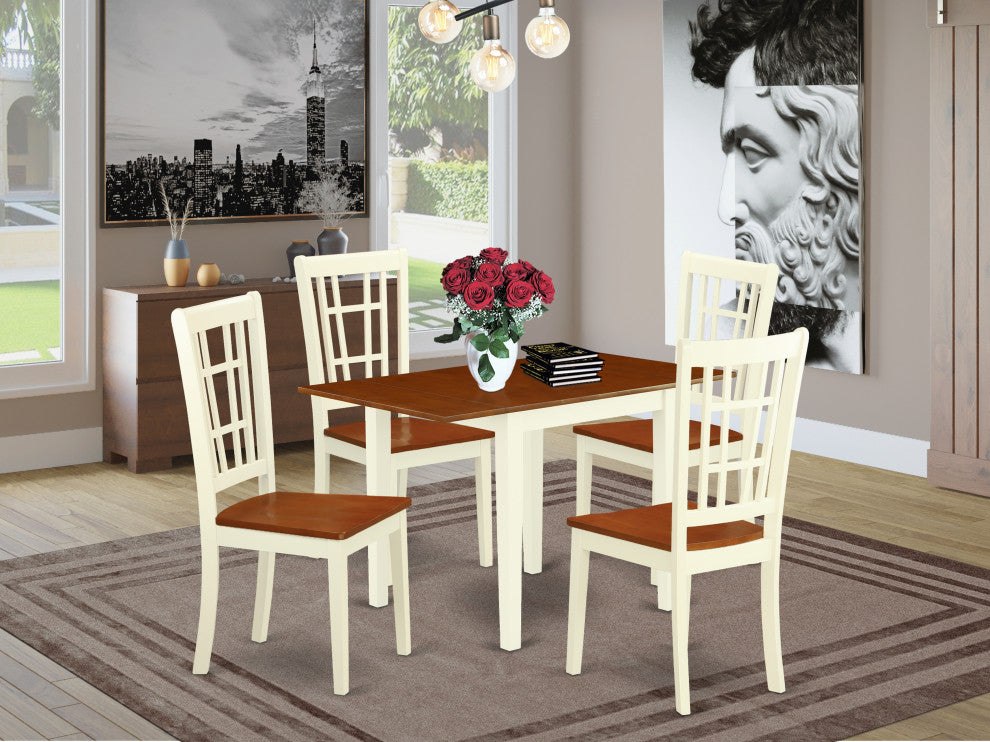 5Pc Dinette Set, Rectangle Table, 4 Chairs, Hard Wood Seat, Buttermilk, Cherry