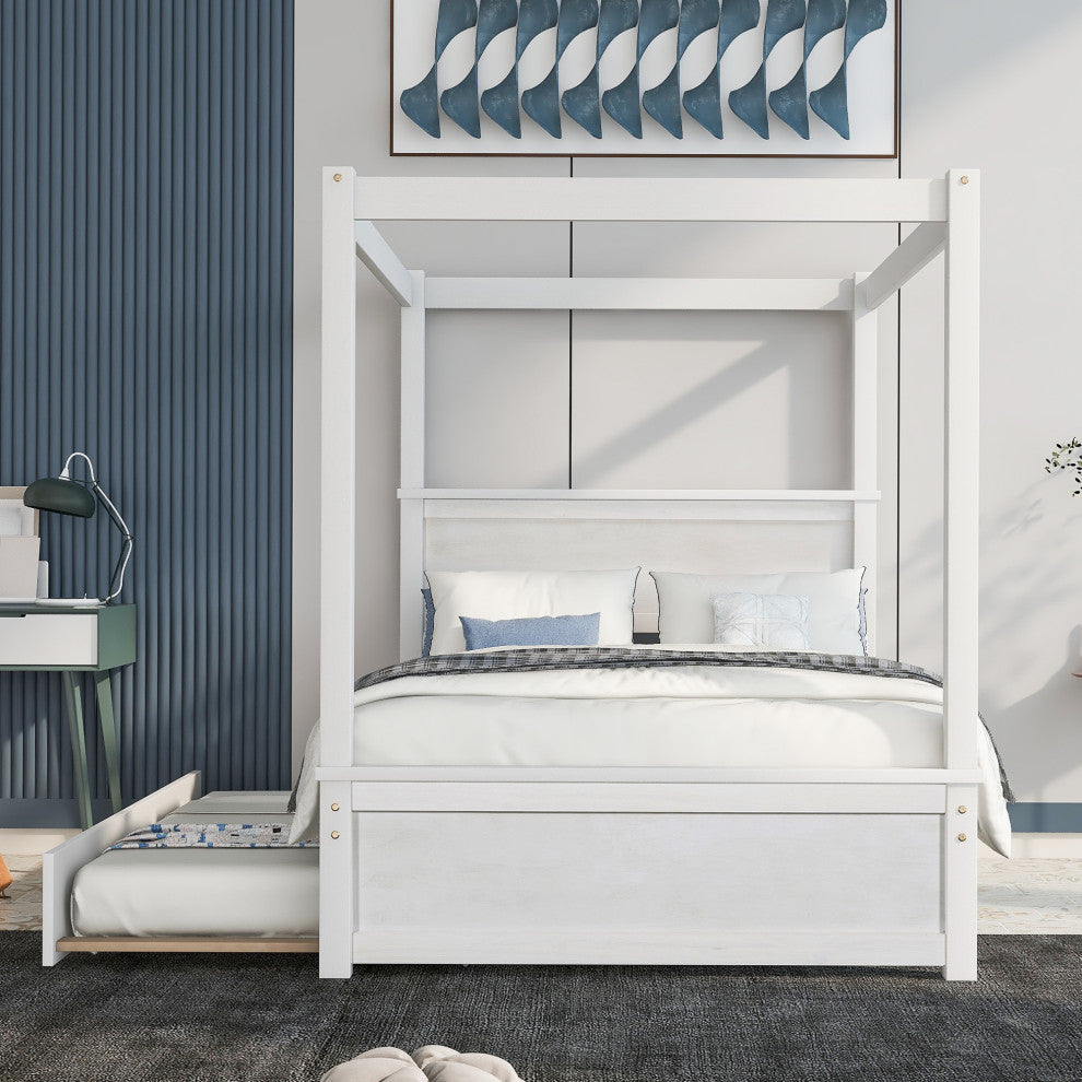 Full Wood Frame Canopy Platform bed with Trundle Bed, White, Full