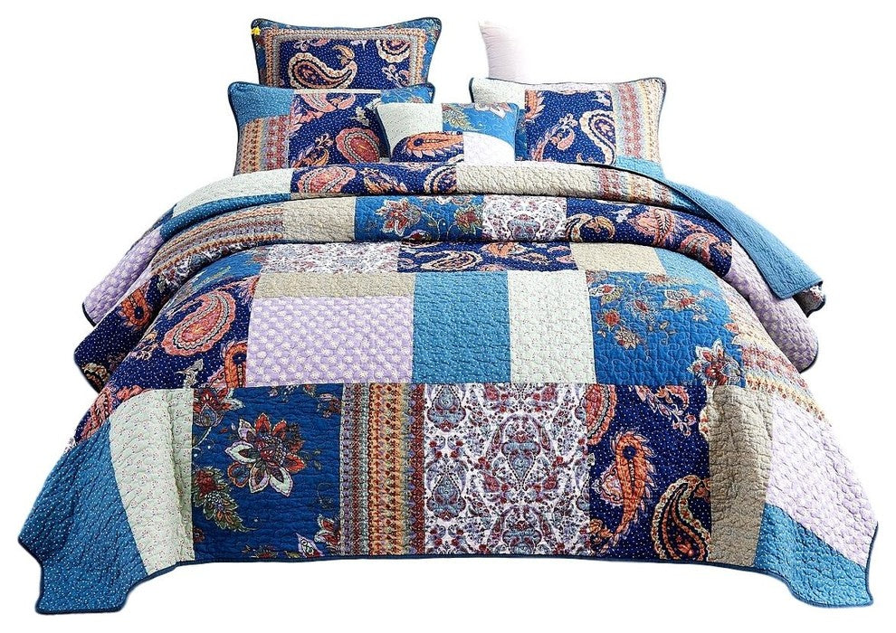Paisley Night Bohemian Reversible Cotton Patchwork Reversible Quilt, Queen