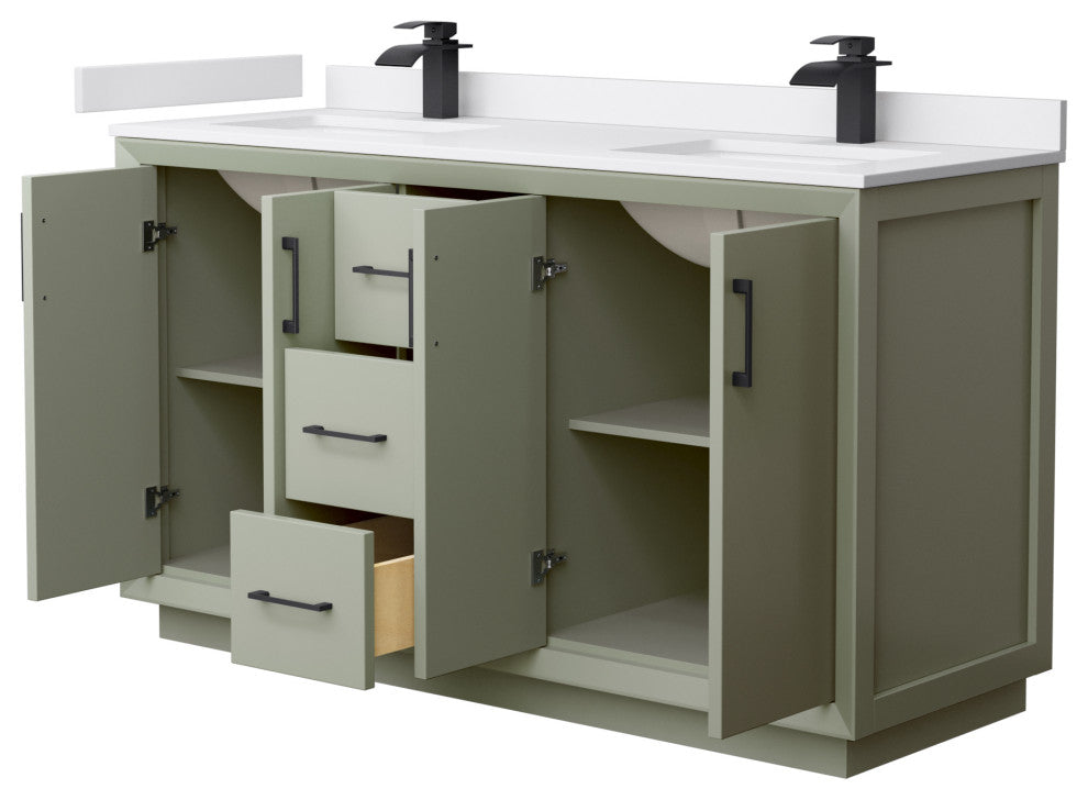 Strada 60" Light Green Double Vanity, Cultured Top, Black Trim