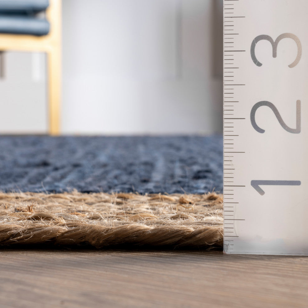 Jute Simple Border Area Rug, Blue, 6'' Round