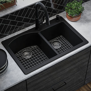 Karran Drop-In Quartz 33" 1-Hole 60/40 Double Bowl Sink Kit, Black