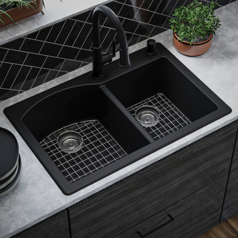 Karran Drop-In Quartz 33" 1-Hole 60/40 Double Bowl Sink Kit, Black