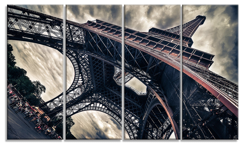 "Paris Eiffel Tower in Grungy Dramatic Style" Cityscape Art, 48"x28", 4-Panels