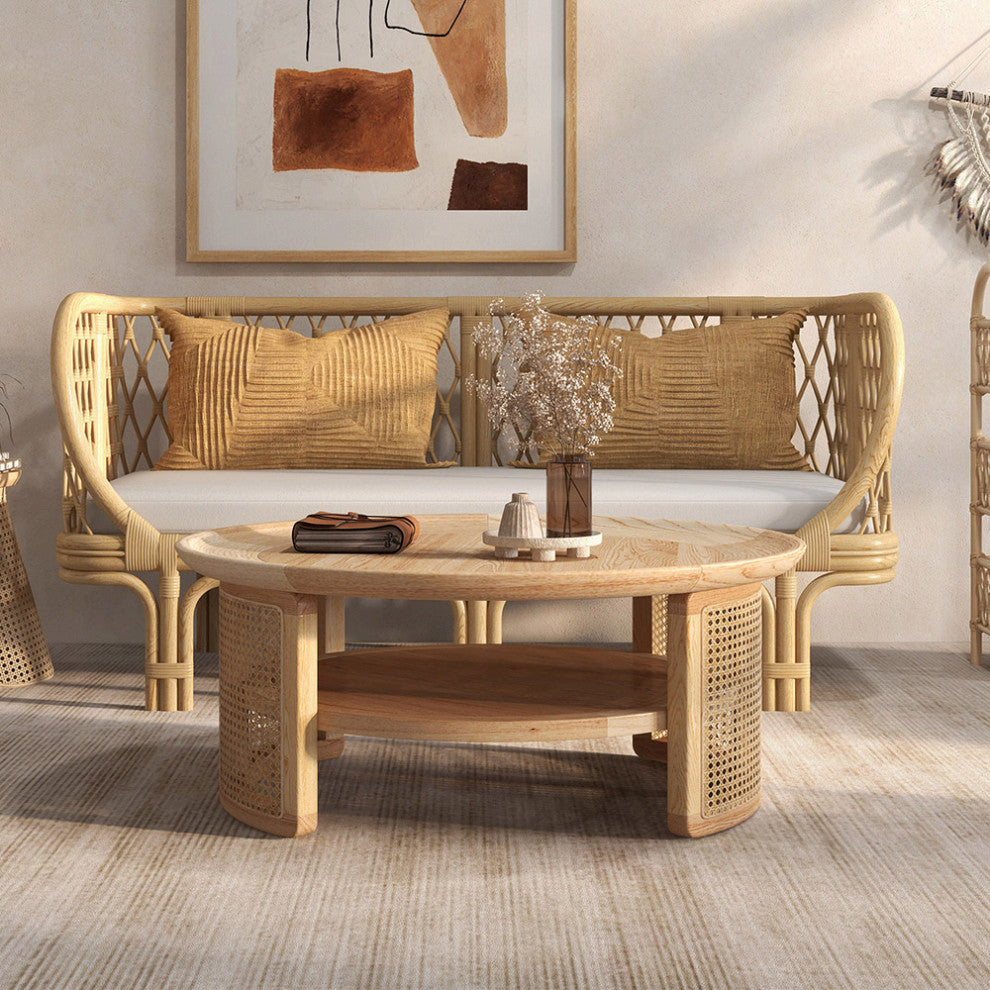 2-Tiered Japandi Round Wood Coffee Table With Rattan Base