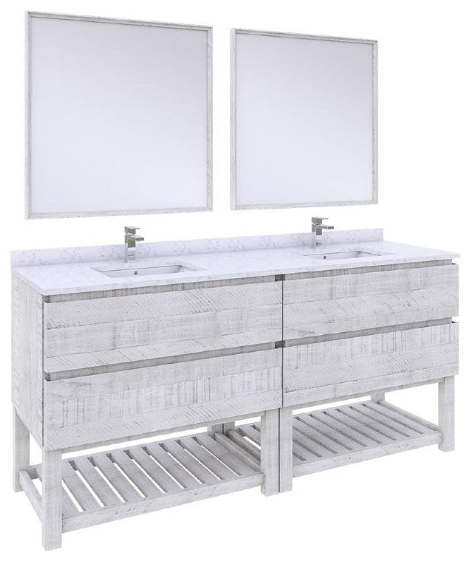 Formosa 72" Rustic White Double Sink Vanity, Open Bottom Shelf, Faucet Fft3111bn
