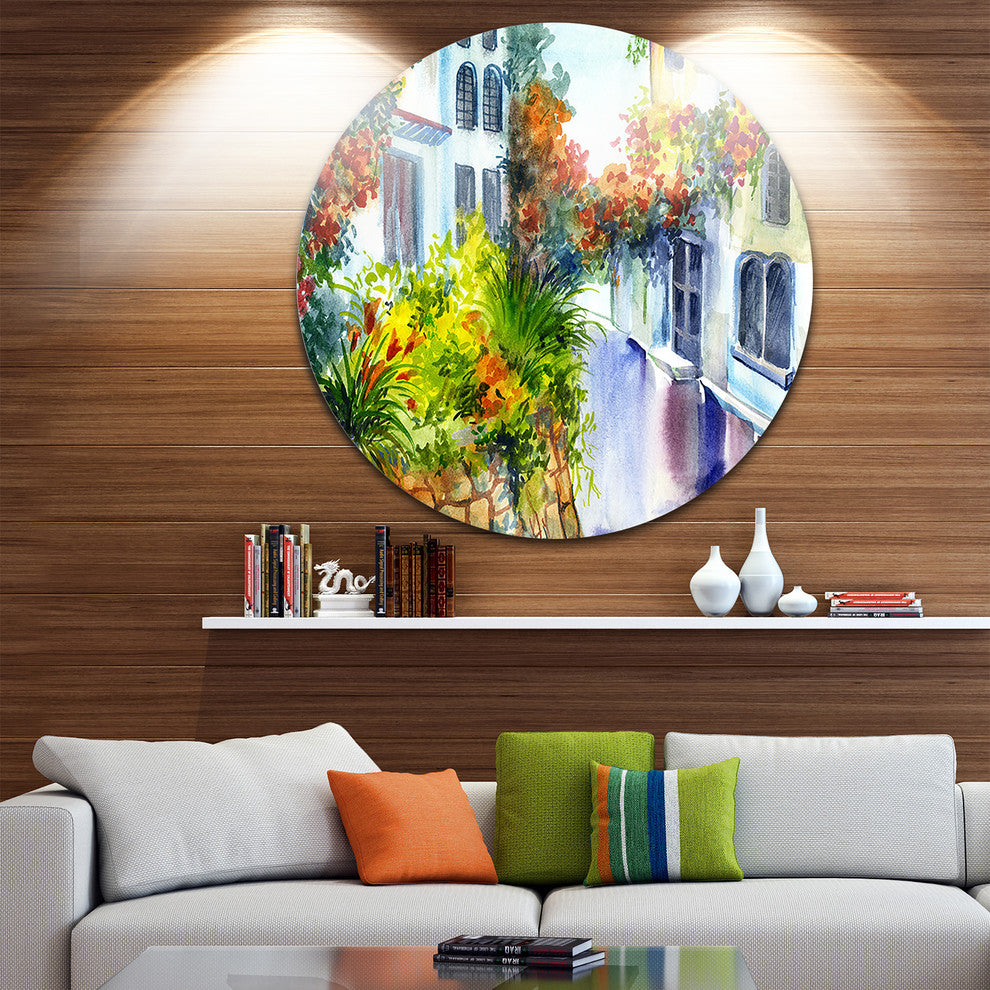 Flowers Near The House, Landscape Disc Metal Artwork, 23"
