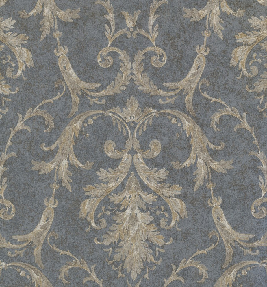 DAMASK - Traditional Blue, Biege Wallpaper Roll
