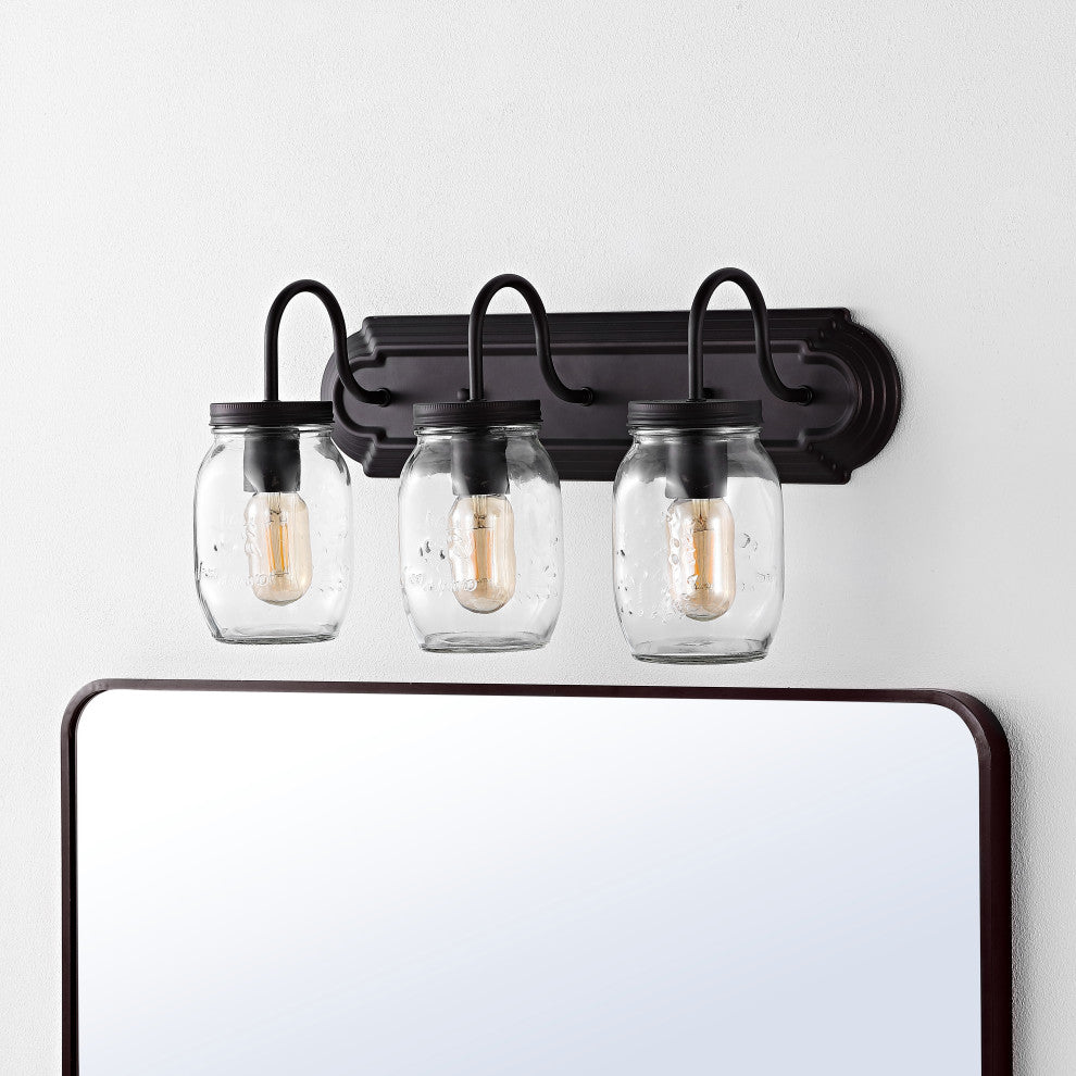 Gaines 19.3" 3-Light Farmhouse Mason Jar LED Vanity, Oil Rubbed Bronze/Clear