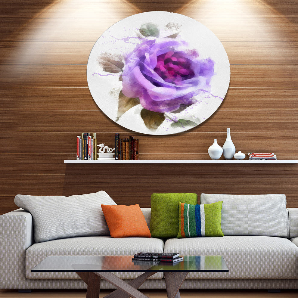 Watercolor Purple Rose With Leaves, Floral Disc Metal Wall Art, 23"