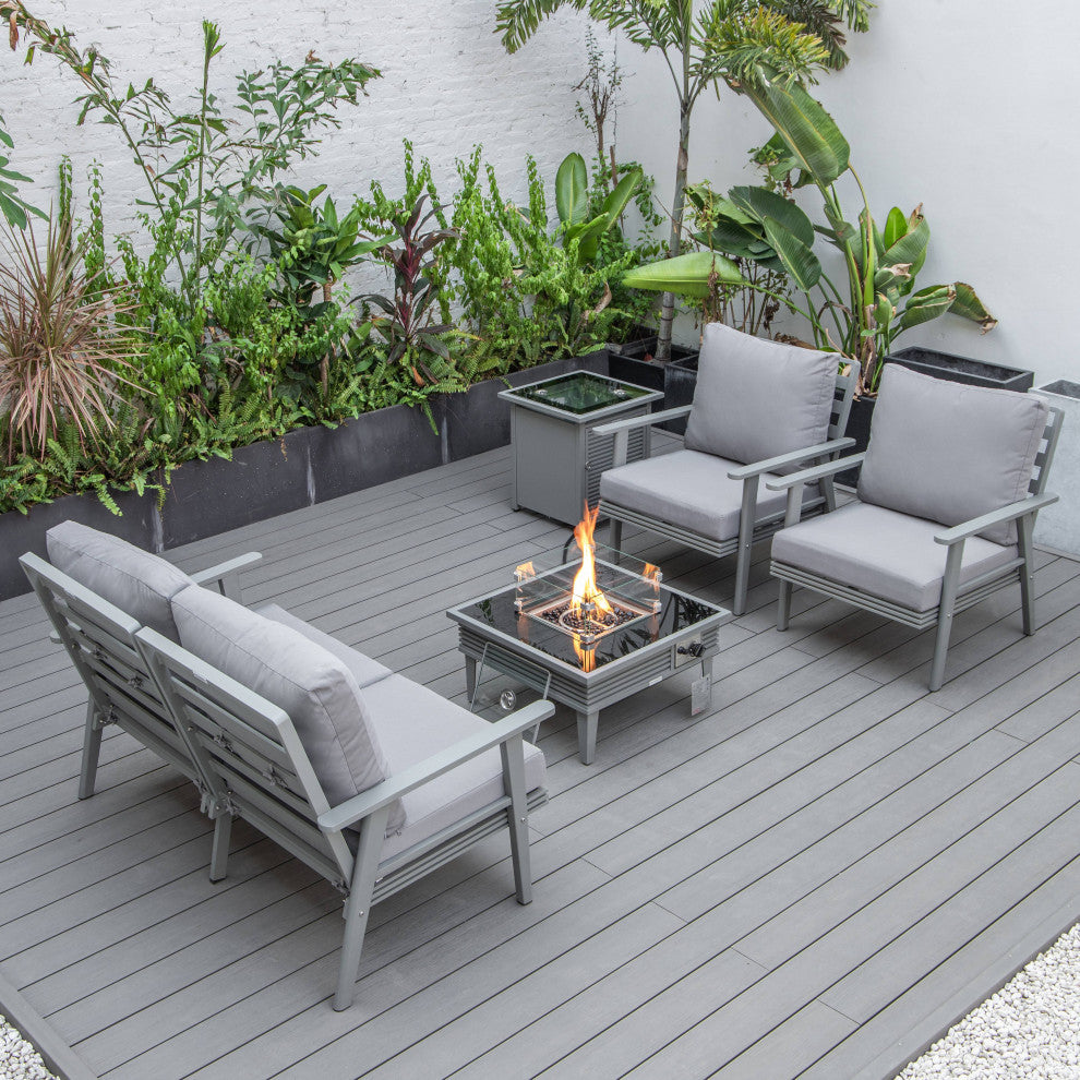 LeisureMod Walbrooke Gray Patio Conversation Set With Fire Pit, Gray