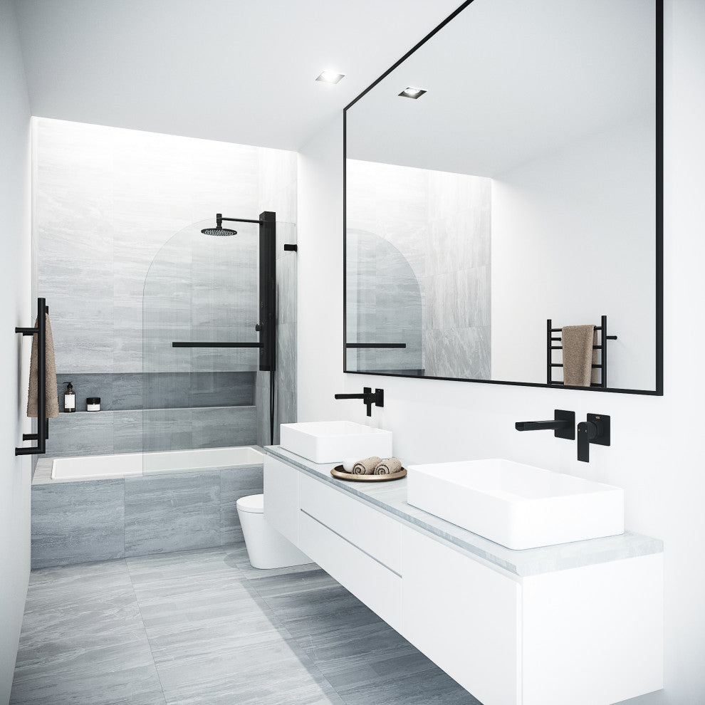 VIGO Orion 34" W x 58" H Frameless Hinged Tub Door, Matte Black, Clear Glass
