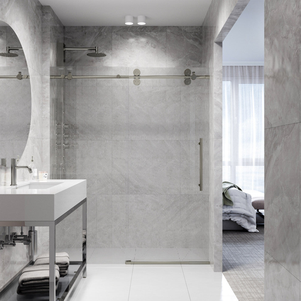 VIGO Elan 68" to 72" W x 74" H Frameless Sliding Shower Door, Stainless Steel, Right, Fluted Glass