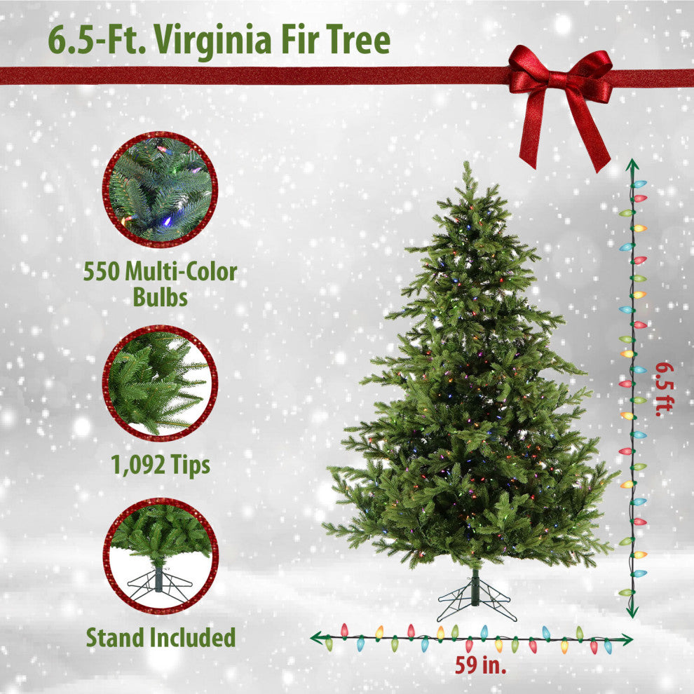 6.5' Virginia Fir Christmas Tree With Multi-Color LED String Lighting