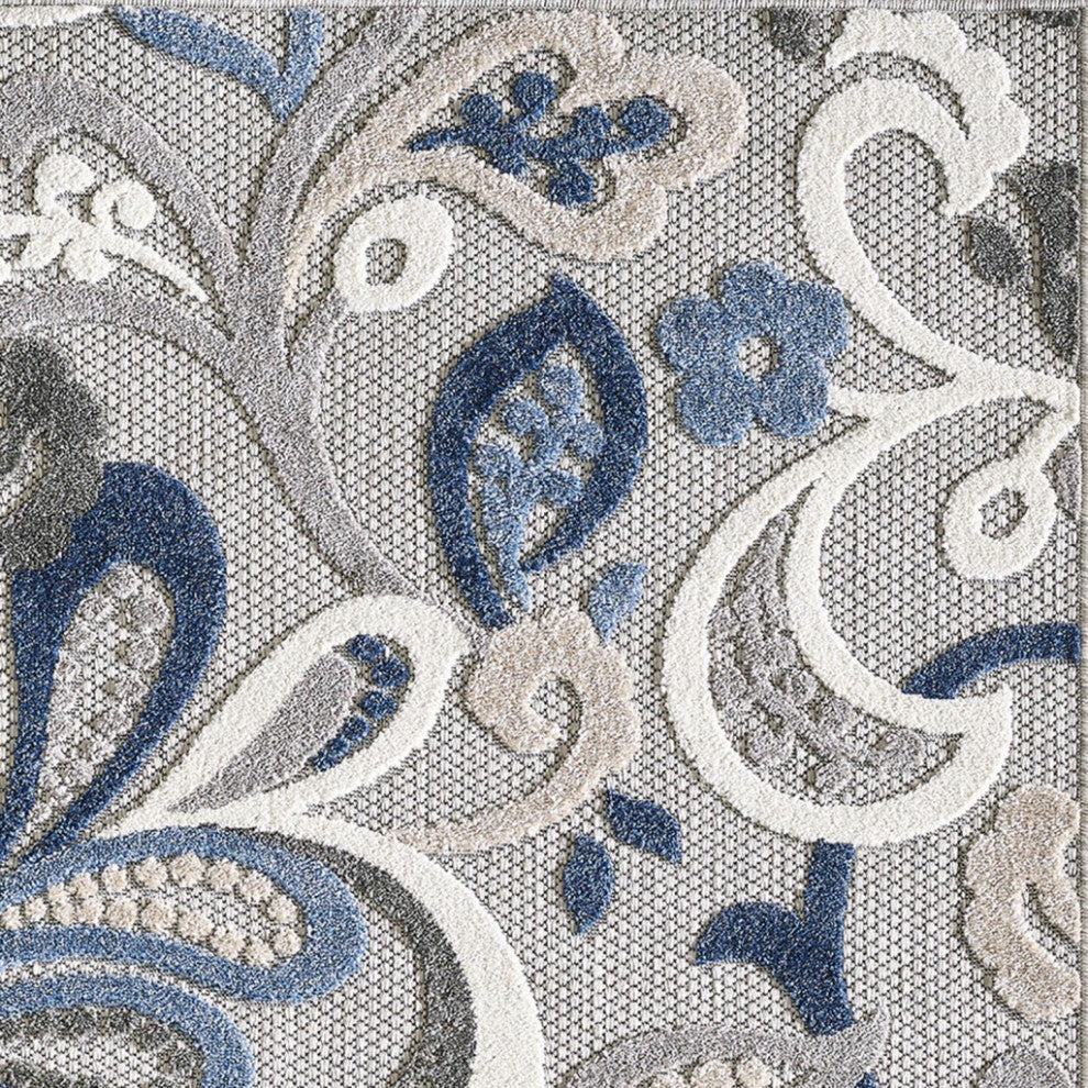 8" Round Blue Gray Jacobean Floral Indoor Outdoor Area Rug