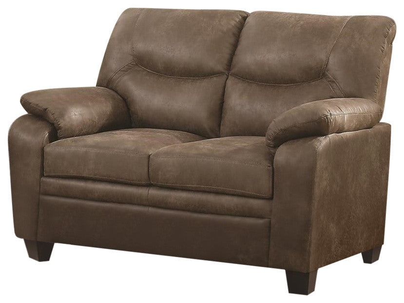 Transitional Microfiber Fabric and Wood Loveseat With Cushioned Armrests, Brown