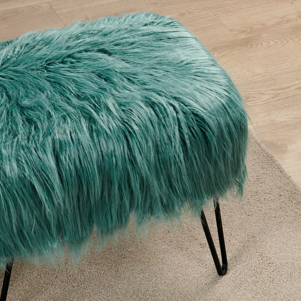 Mongolian Fur Ottoman, Oil Blue, 19''x13''x17''
