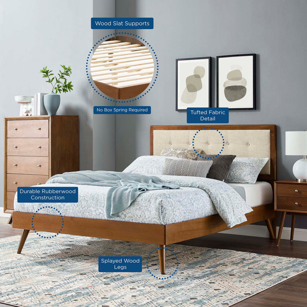 Platform Bed Frame, King Size, Wood, Brown Walnut Beige, Modern Mid-Century