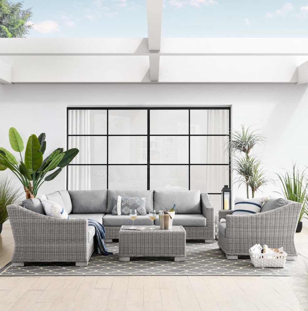 Lounge Sectional Sofa Chair Table Set, Rattan, Wicker, Gray, Outdoor