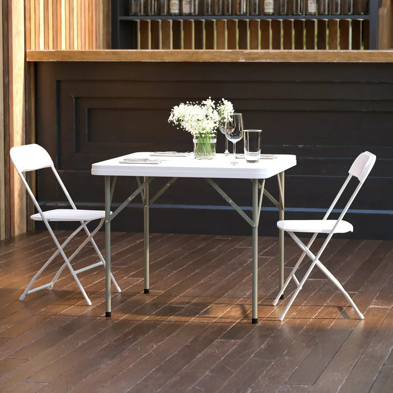Set of 5 Folding Table, Gray Metal Legs With Square Granite White Finished Top