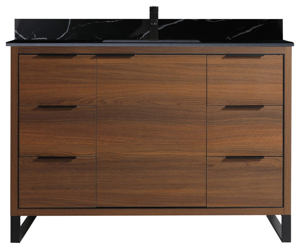 Opulence Bath Vanity, Walnut Ebony, 48", Black Hardware, Black Marble Top