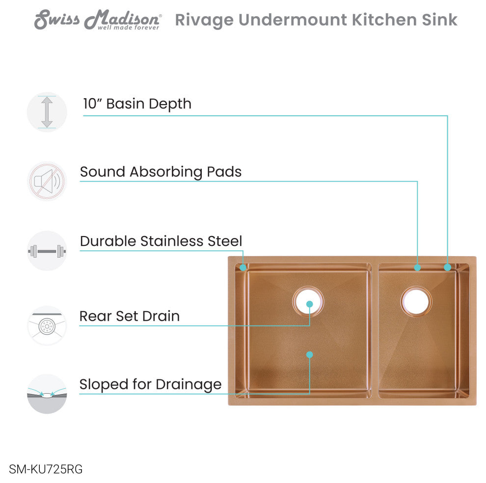 Rivage 33"x20" Stainless Steel, Dual Basin, Undermount Kitchen Sink, Rose Gold