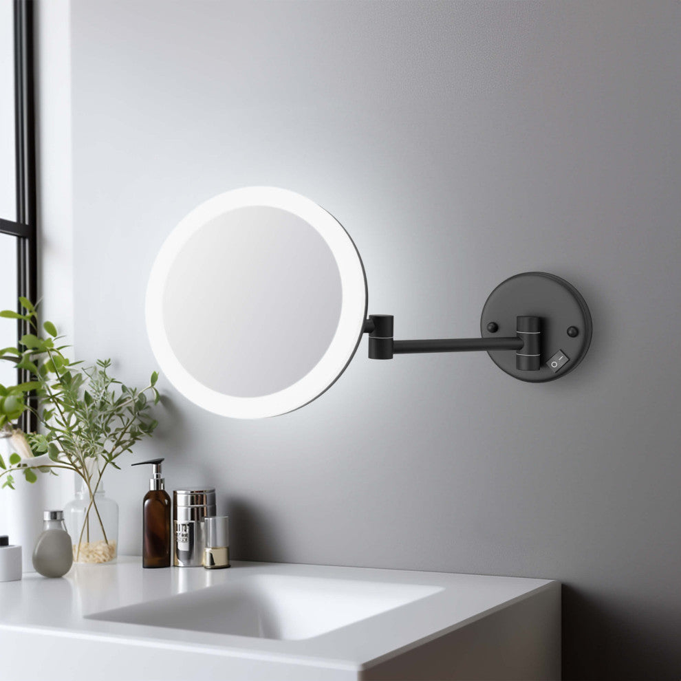 Circular LED Wall Mount One Side 5x Magnifying Make Up Mirror, Matte Black