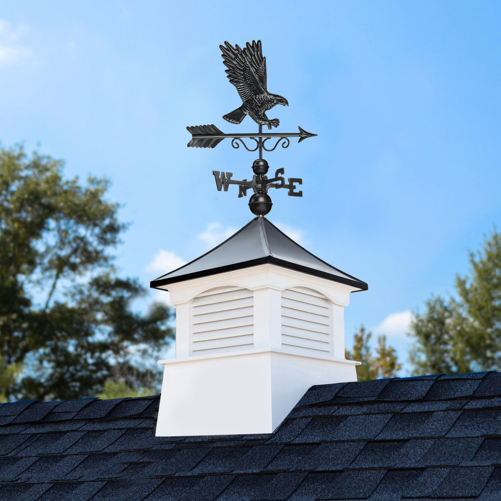 30" Square Coventry Vinyl Cupola, Black Aluminum Eagle Weathervane and Roof