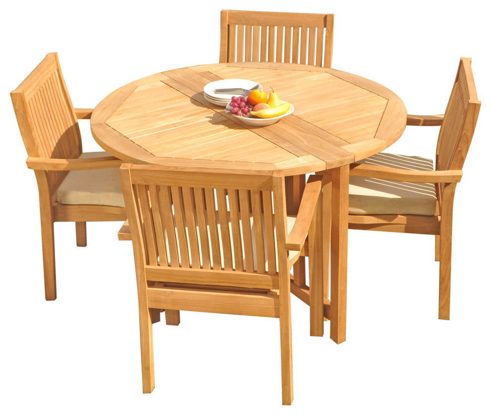 5-Piece Outdoor Teak Dining Set: 48" Butterfly Table, 4 Leveb Stacking Arm Chair