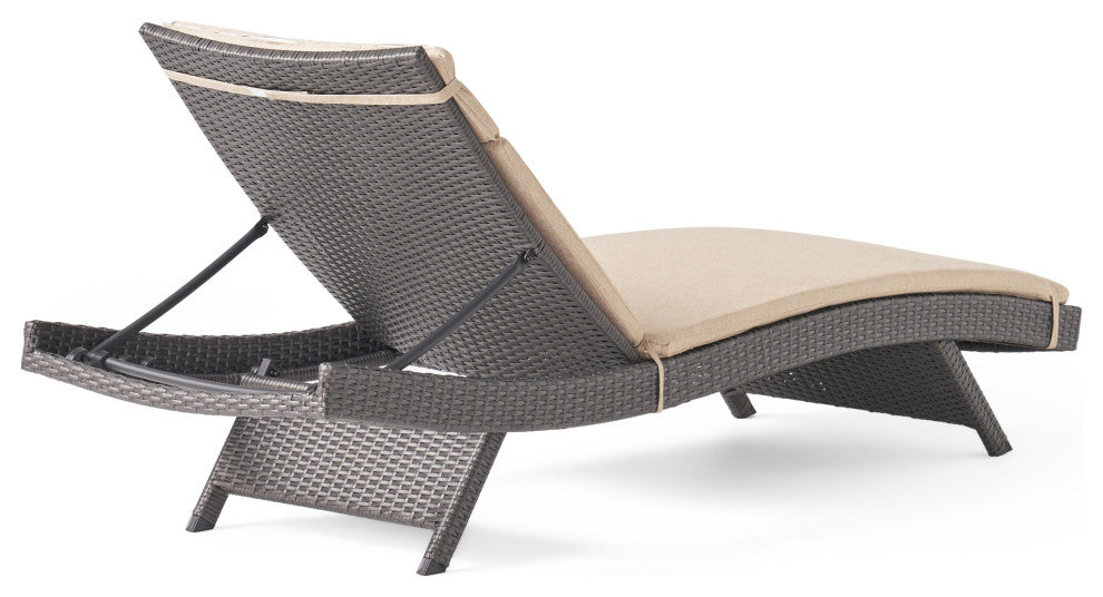 GDF Studio Nassau Outdoor Gray Wicker Chaise Lounge, Textured Beige Cushion