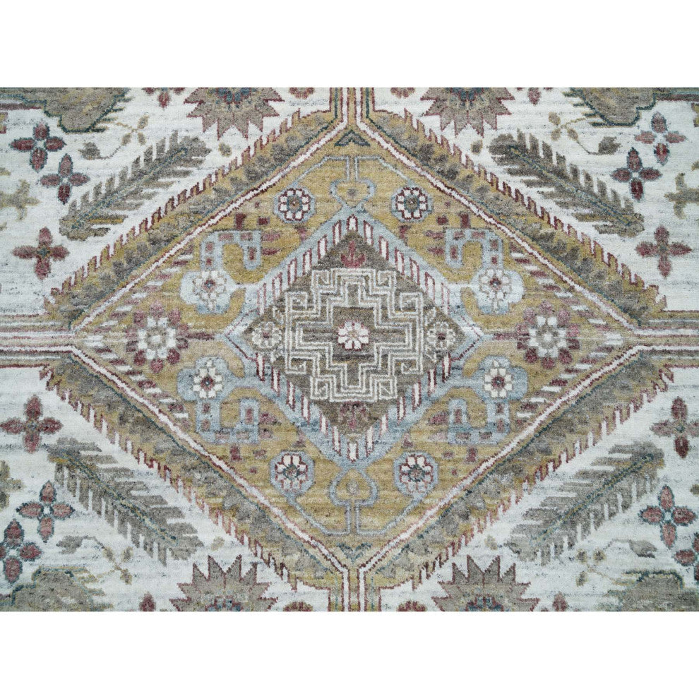 Smoky White Hand Knotted Unique Flower Rosettes Border Square Rug 13'11"x13'11"