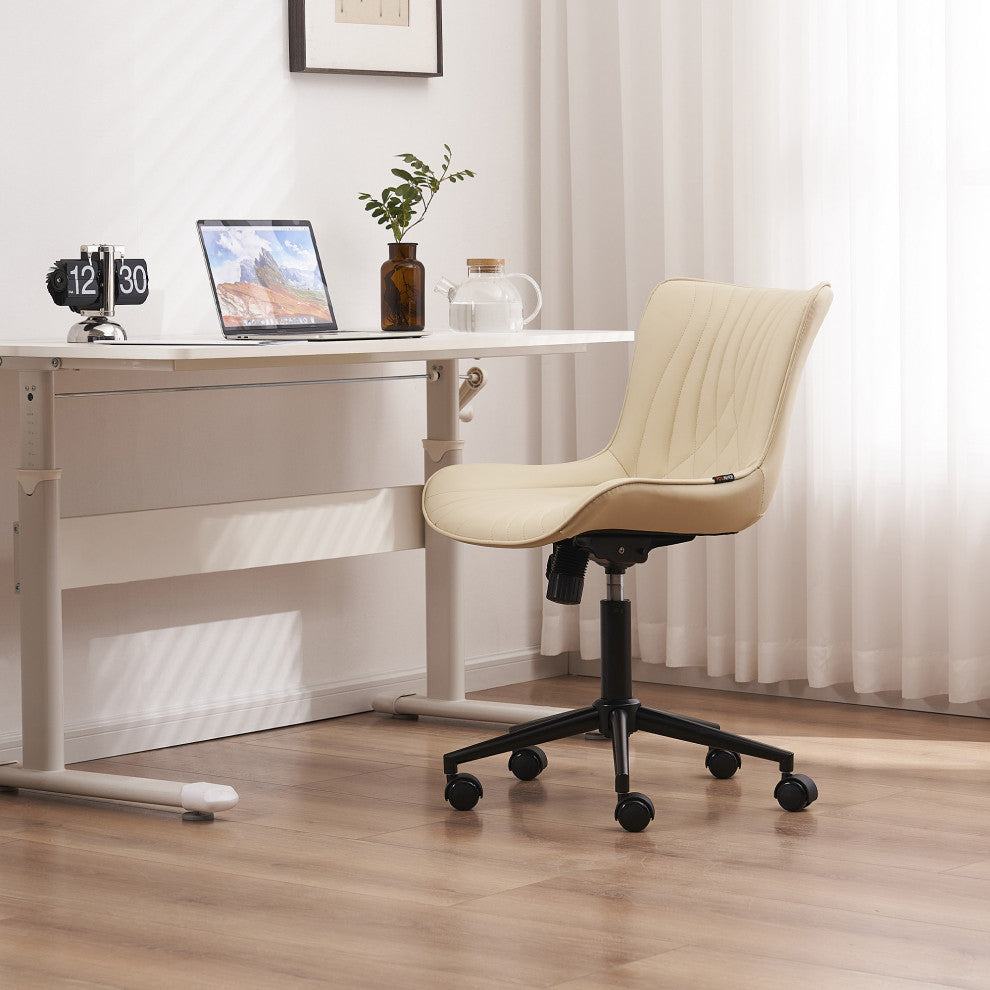 Younike Armless Upholstered Faux Leather Rolling Office Chair, Beige