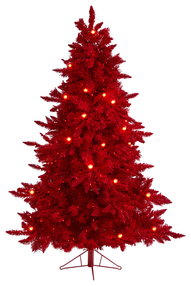 6' Red Flocked Fraser Fir Christmas Tree / 350 Red Lights, 33 Globe Bulbs