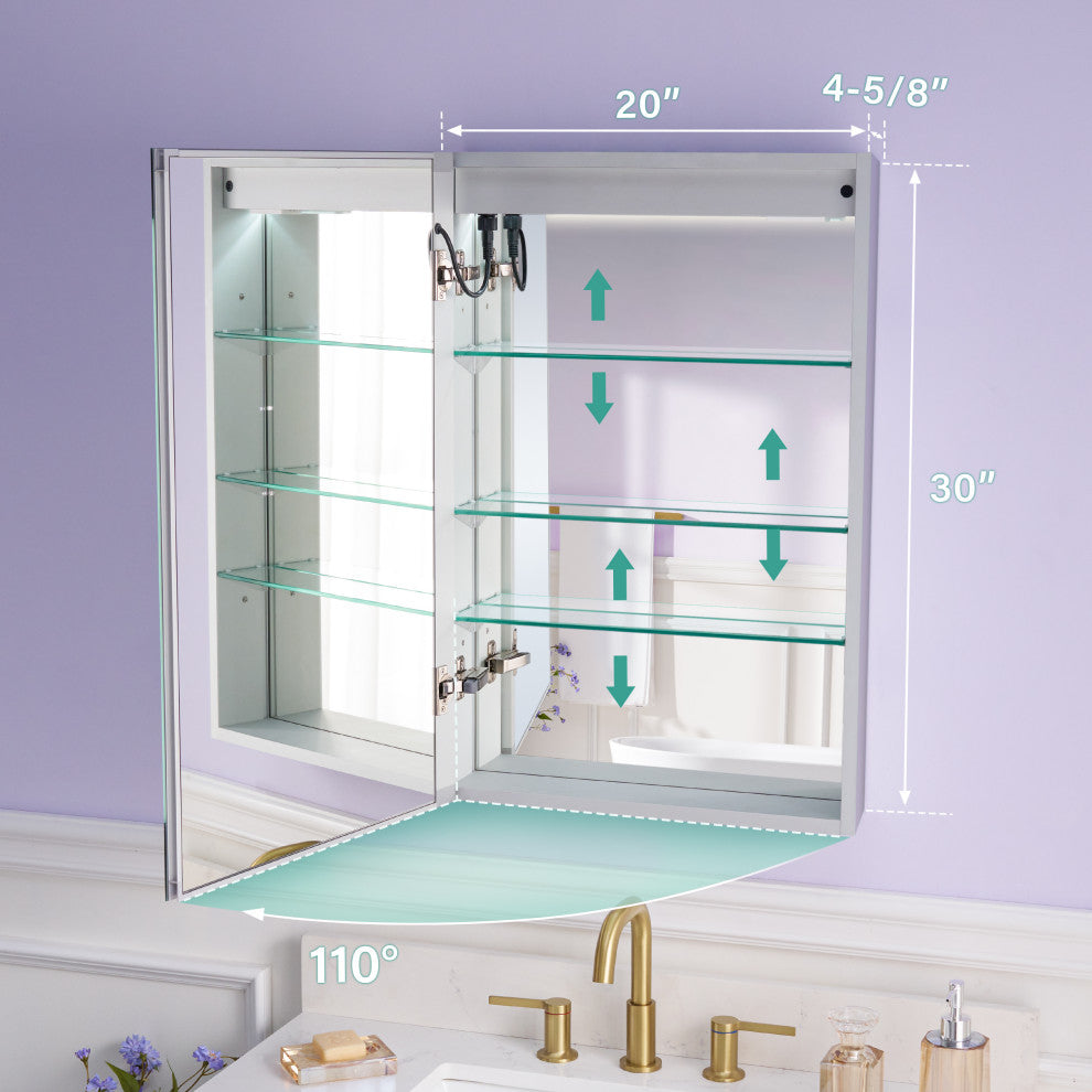 Recessed/Surface Mount LED Medicine Cabinet Mirror with Defogger, 20"x30" Left Hinge